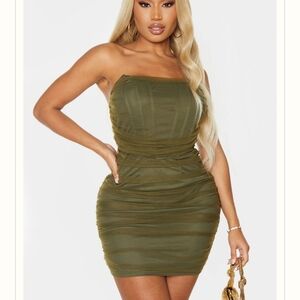 PrettyLittleThing Green Ruched Strapless Bodycon Dress